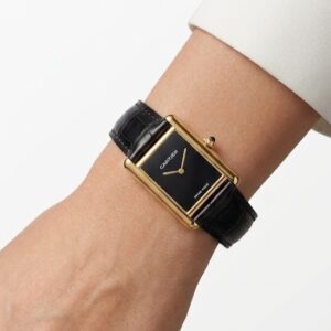Cartier Tank-Inspired Classic Leather Watch – Black Dial & Gold Case